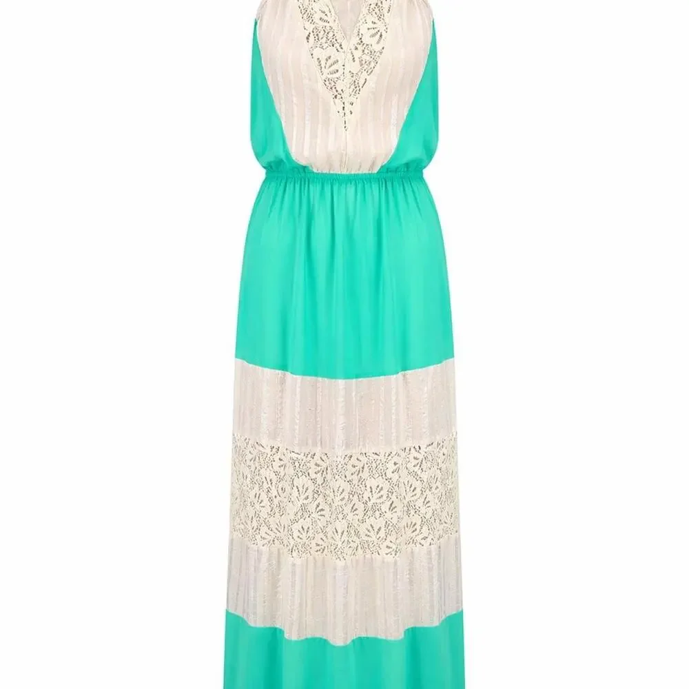 DejaVu Mint Green Lace Halter Maxi Dress Size M Boho Beachy Summer - Picture 1 of 7